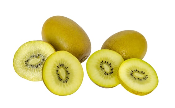 delicious whole kiwi fruit and half on white background