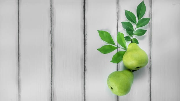 top view fresh pears on the wooden background, Free space for text
