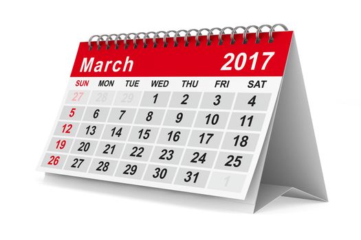 2017 year calendar. March. Isolated 3D image