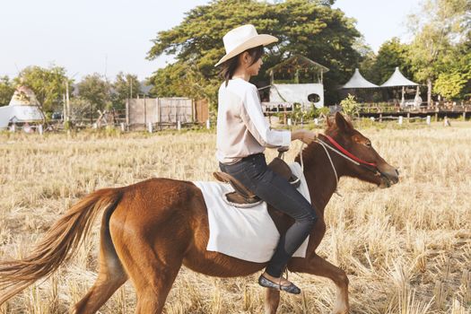 Beautiful young woman is smiling riding a horse on the field with relax time . Sideways to the camera. Freedom, joy, movement