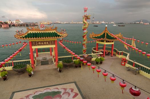 GEORGETOWN, MALAYSIA - MAY 29: closeup view of Hean Boo Thean Kuanyin Chinese Buddhist temple in Clan Jetties. Built on stilts over the harbor of George Town