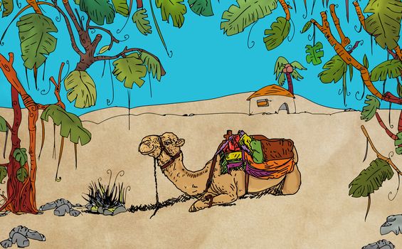 Tropical forest with plants and birds and a camel sleeping