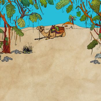Tropical forest with plants and birds and a camel sleeping