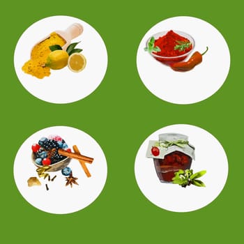 Cinnamon, chili, tomatoes, dried, paprika, fruits, forest, spices,
illustration,