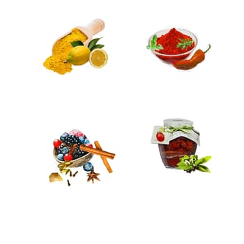 Cinnamon, chili, tomatoes, dried, paprika, fruits, forest, spices,
illustration,