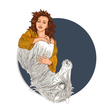 design of a white horse head with a thick mane and a woman
which embraces the blue background and antique cream