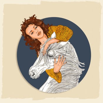 design of a white horse head with a thick mane and a woman
which embraces the blue background and antique cream