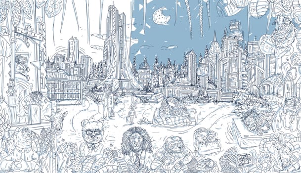 The fantastic city with animals, moon and skyscrapers
With plants and leaves that make it a frame