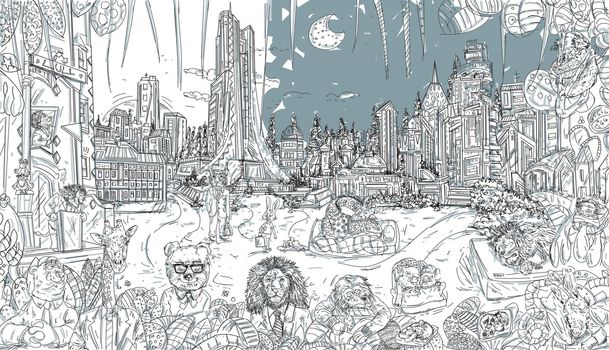 The fantastic city with animals, moon and skyscrapers
With plants and leaves that make it a frame
