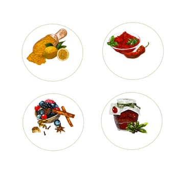 Cinnamon, chili, tomatoes, dried, paprika, fruits, forest, spices,
illustration,