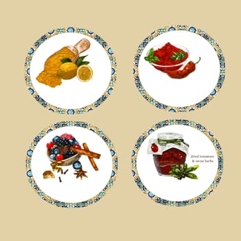 Cinnamon, chili, tomatoes, dried, paprika, fruits, forest, spices,
illustration,