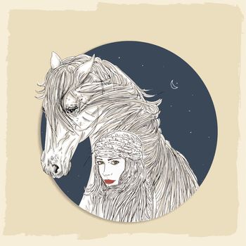 In the starry night a horse and a woman
Long hair