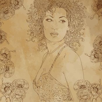 sepia portrait realist comic sensual woman with lipstick
fashion and makeup
