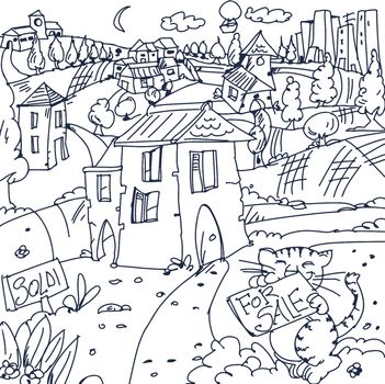 Landscape of houses with cat