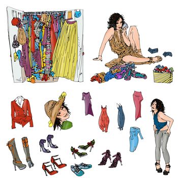 woman with wardrobes choosing clothes with objects,
shoes and bags,