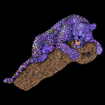 a purple panther on a log with a black background
vintage image