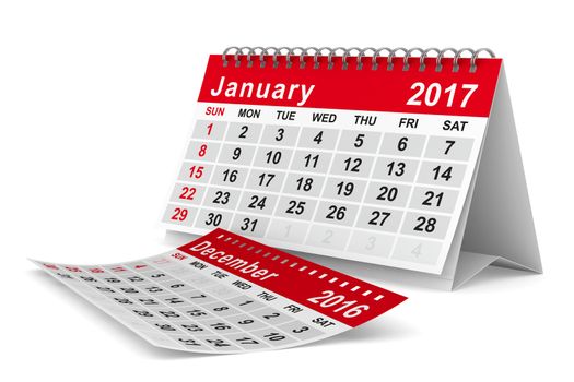 2017 year calendar. January. Isolated 3D image