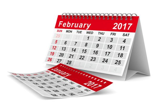 2017 year calendar. February. Isolated 3D image
