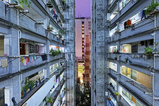 Hong kong slum downtown area at night