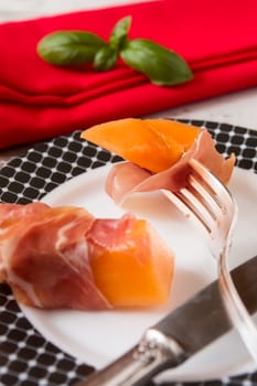 Close up of prosciutto and melon on a plate