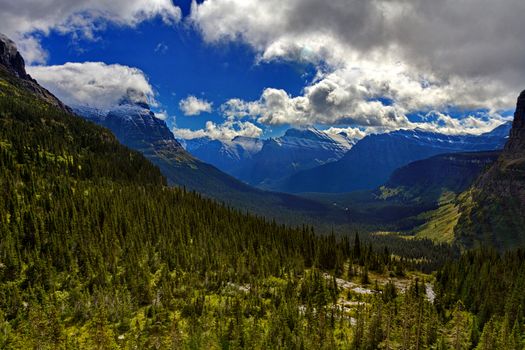 Scenic landscape view of Glacier National Park at Lunch Creek.  Location is Montana, United States. Date is autumn, September 9, 2016. 