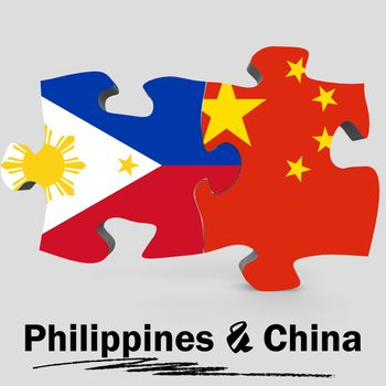 China and Philippines Flags in puzzle isolated on white background, 3D rendering