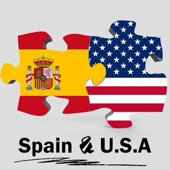 USA and Spain Flags in puzzle isolated on white background, 3D rendering