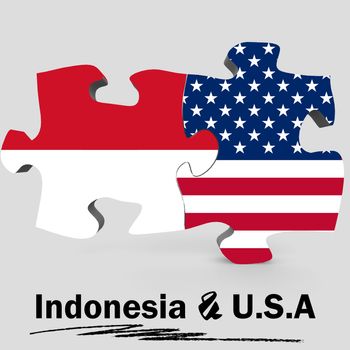 USA and Indonesia Flags in puzzle isolated on white background, 3D rendering