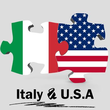USA and Italy Flags in puzzle isolated on white background, 3D rendering