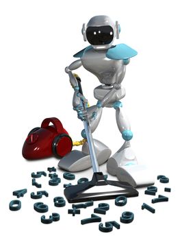 3D Illustration of a White Robot with a Vacuum Cleaner