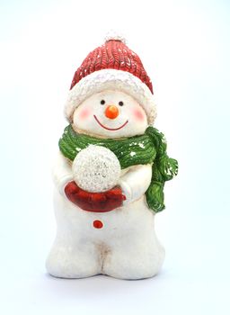 Snowman with a branch and a green scarf.