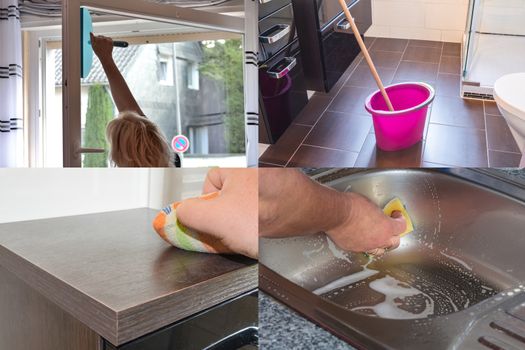 Image is divided into 4 sections about housework, dust cleaning and floor cleaning.