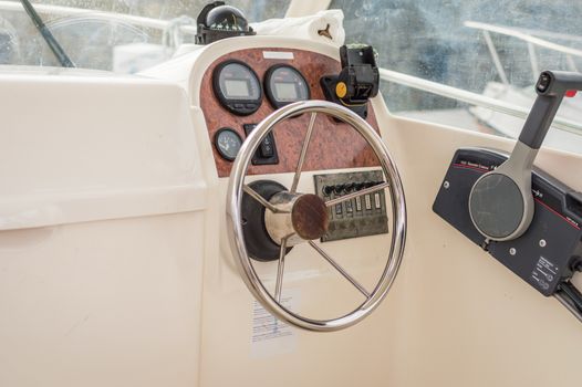 View of white yacht cockpit on the deck