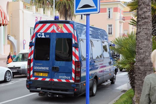 Menton, France - May 14, 2016: Police (Gendarmerie) Van Minibus Irisbus Durisotti at the City Street in Menton, French Riviera