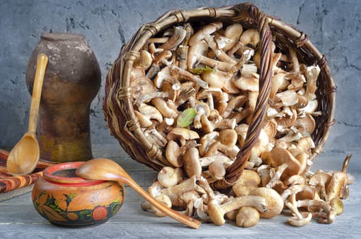 Raw fresh mushrooms in an old basket on a wooden surface and gray-blue background. Old jug, wooden bowl and spoon.