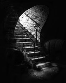 Dramatic black and white image with aged stone stairs going into an abandoned wine cellar, with dark shadows  and small beams of light.