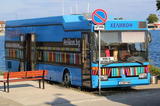 Nessebar, Bulgaria - July 16, 2016: Mercedes Blue Public Library Bus Downtown in Nessebar. Bulgarian Black Sea Coast