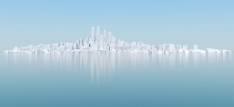 White city with blue sky and sea. 3D rendering