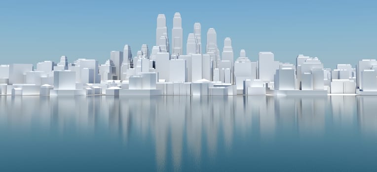 White city with blue sky and sea. 3D rendering