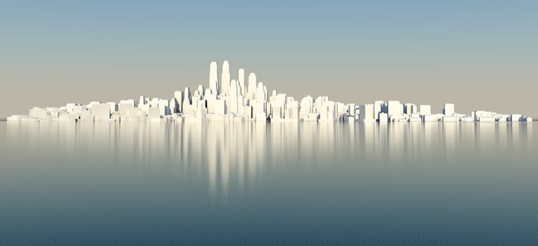 White city with blue sky and sea. 3D rendering