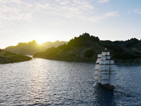 Ship sailing in rough seas close up on sunset background