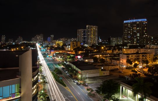 Long exposition night shot of Alton Rd. in Miami Beach, Florida, with camera pointed to south.