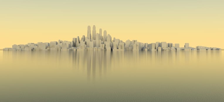 White city with sky and sea. Evening time. 3D rendering