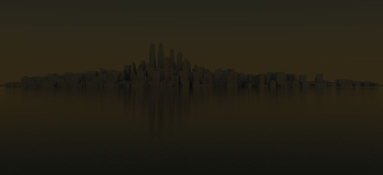White city with sky and sea. Night time. 3D rendering
