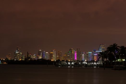Long exposition night shot of Downtown Miami, Florida, seen from Miami Beach.