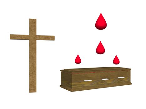 cross and red coffin and tears isolated in white background