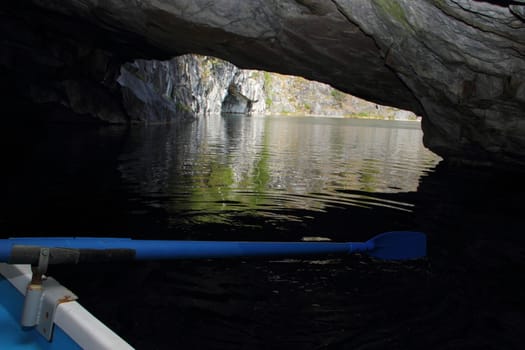 View from the cave of marble quarry in Karelia. Russia