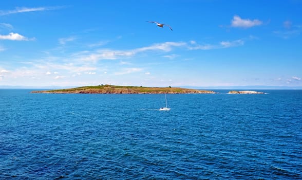 Landscape with sea, sky, clouds, gull, boat and the island of Saint John in Sozopol on a clear day, Bulgaria.