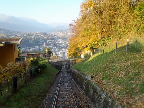 Lugano, Switzerland: San Salvatore funicular line between the mountain forest