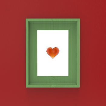 blank wooden frame on red wall with glass gem heart inside . 3d illustration mockup design.